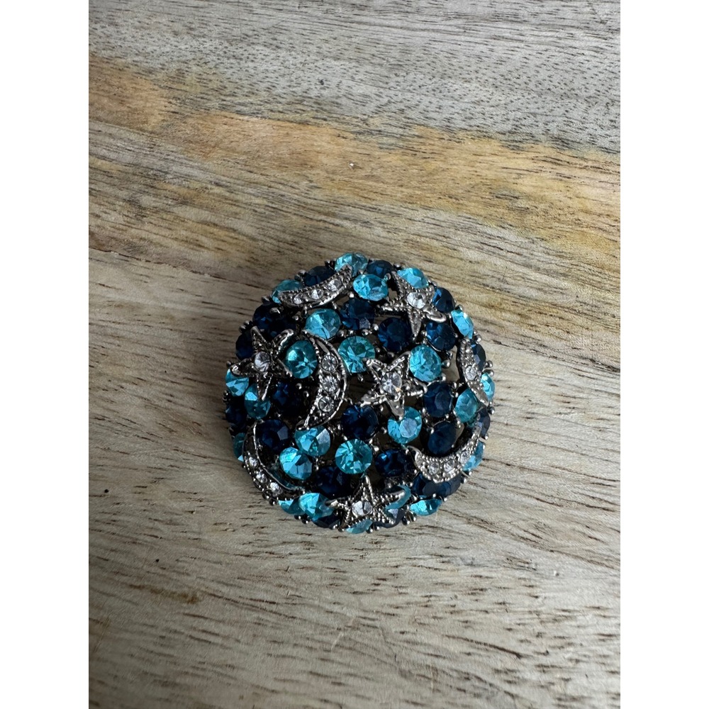 Vintage Style Blue Rhinestone Celestial Moon and Stars Round Brooch Pin Silver